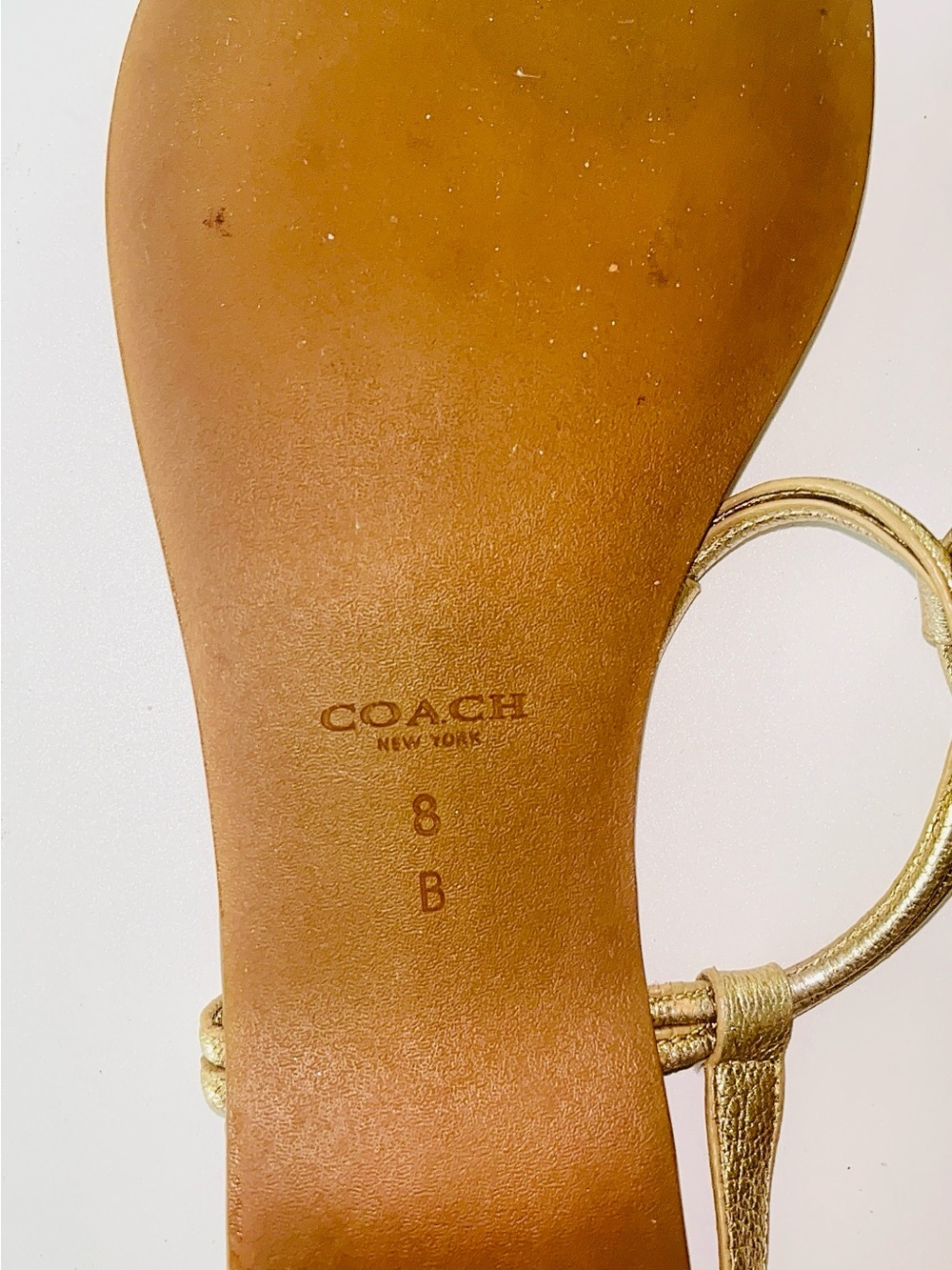 Coach Gold Leather T-Strap Sandals with Brown Footbed - Picture 5 of 9